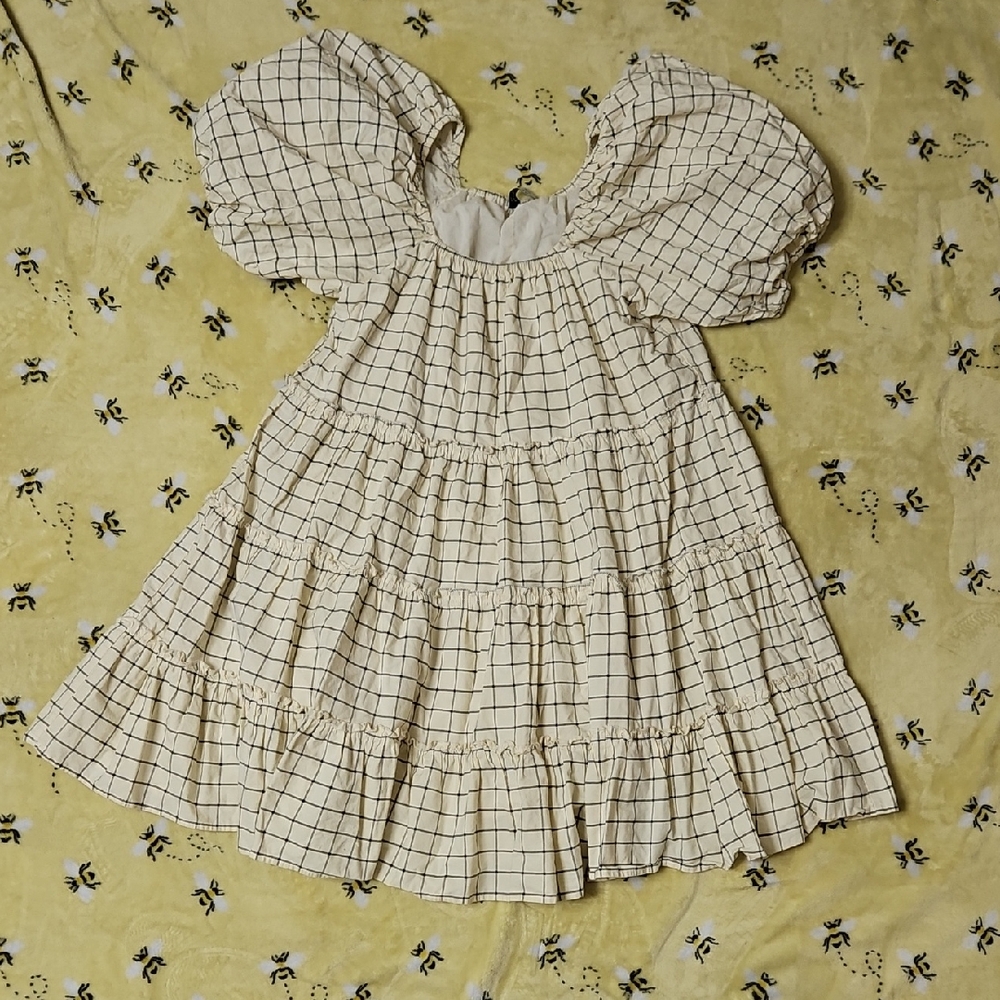 Zoco Cream Plaid Dress with Puff Sleeves